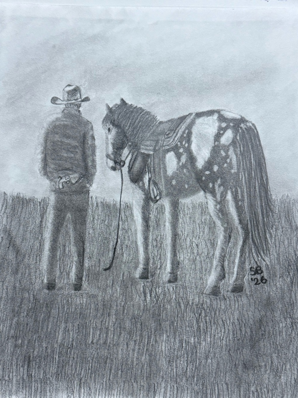 Cowboy and Horse Graphite Wall Art - Black and Gray “Last Bit Of Sun”